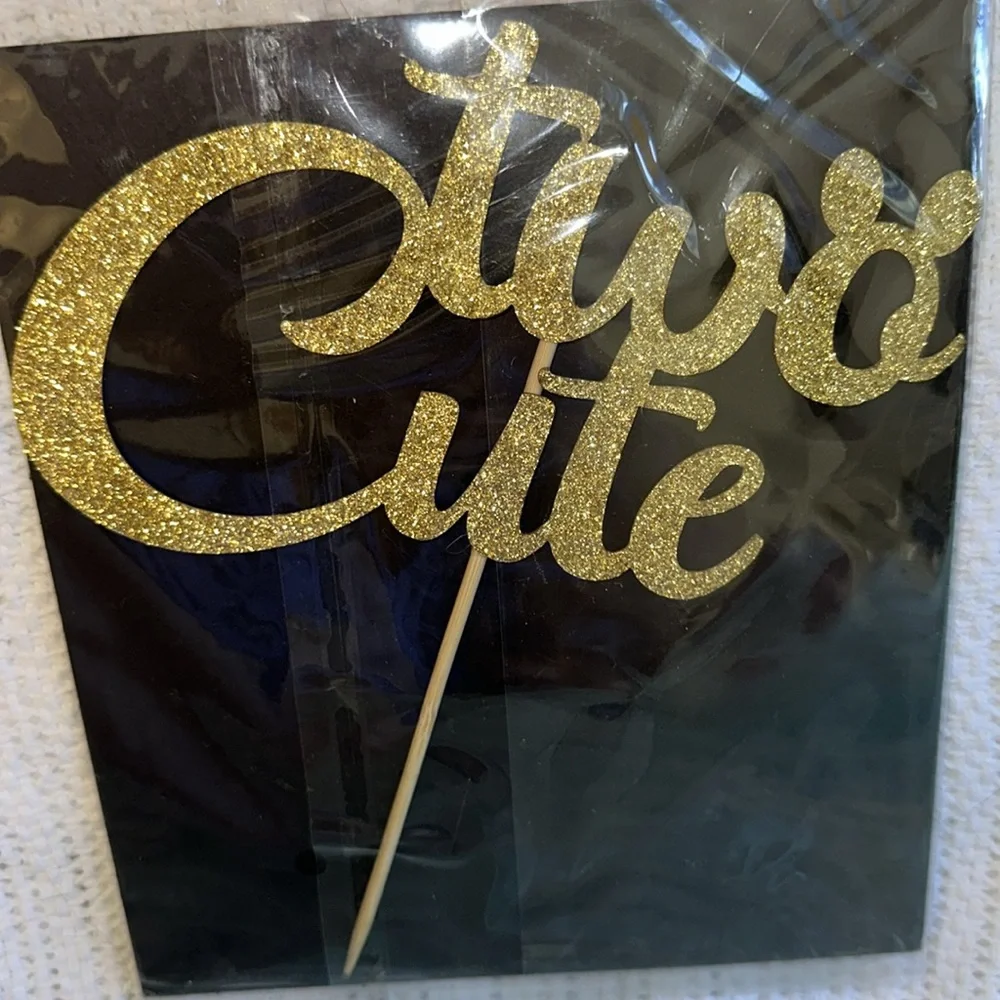 Cake Topper Gold Glitter 'Two Cute' Second Birthday Mickey‎ Minnie Ears Disney